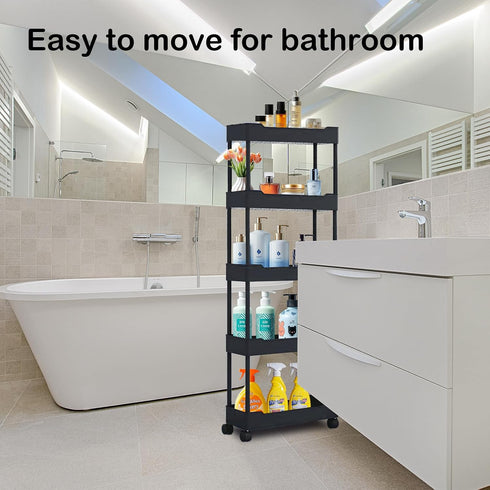 5-Tier Plastic Rolling Utility Cart, Rolling Storage Cart, Narrow Shelf, Bathroom Organizer Rolling Utility for Office