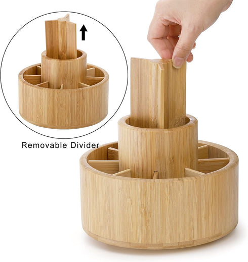 SOUJOY Bamboo Pen Holder Organizer, 360° Rotating Art Supply Caddy with 11 Compartments, Holds 200+ Pencils, Office Box