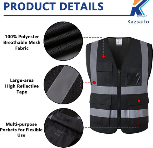 Reflective Safety Vest for Men Women - 8 Pockets and Zipper High Visibility Mesh Construction Work Vest (KZ170-Black,