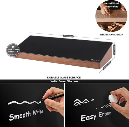 Desktop Black Glass Dry Erase Board with Wood Organizers for Small Office Supplies, Drawer Included