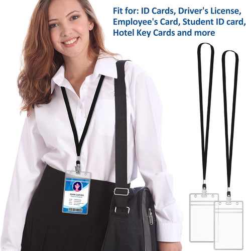 Marspark 200 Pcs Black Name Tag Lanyards with ID Holder, Resealable Flat Neck Lanyards for School Office Supplies