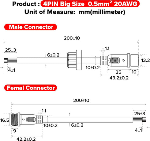 BTF-LIGHTING 4 Pin Electrical Connector 20AWG IP65 Male Female Connector 7.87in/20cm Extension Cable for LED Strip
