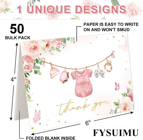 50 Pack 4 6 Inch FYSUIMU Baby Shower Thank You Card Pink Floral Clothes Greeting Card Foil Gold Flower Boxed Blank Note