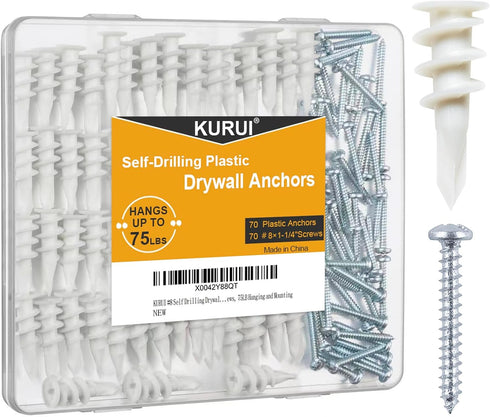 KURUI #8 Self Drilling Drywall Anchors, 140PCs Wall Anchors and Screws for Shelf Brackets, 75 Lbs Capacity