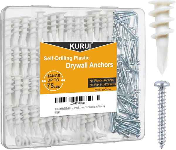 KURUI #8 Self Drilling Drywall Anchors, 140PCs Wall Anchors and Screws for Shelf Brackets, 75 Lbs Capacity