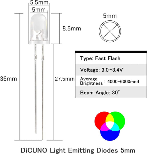 DiCUNO 100pcs 5mm RGB Multicolor Fast Blinking LED Diodes, Clear Round Lens Diffused Flicker Electronic Components