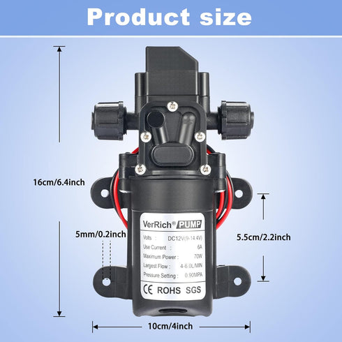 Diaphragm Pump,VerRich 12V Water Pump 70W 6A Intelligent Self Priming Sprayer Pump 6 L/Min 0.9MPA 131 PSI for RV Camper Marine Boat Garden by VerRich