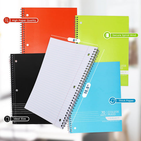 Spiral Notebooks, 1-Subject Notebook, College Ruled Spiral Notebooks - 70 Sheets - 3 Hole Punched, 1 Subject Notebooks