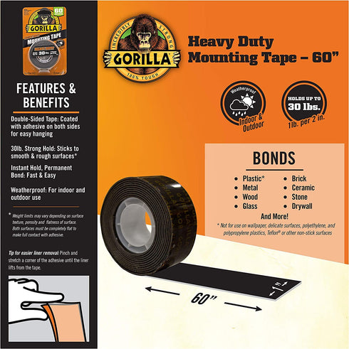Gorilla Heavy Duty Double Sided Mounting Tape; Weatherproof; Black; 1" x 60" (Pack of 1)