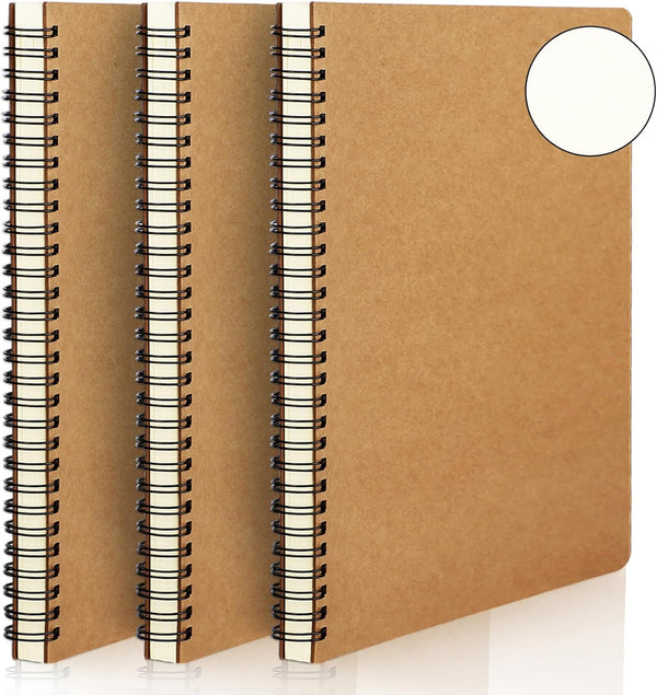 EUSOAR Spiral Blank Notebooks, B5 3 Packs, 7.3" x 10.2", Unlined Travel Writing Notebooks, Memo Notepad, Kraft Cover