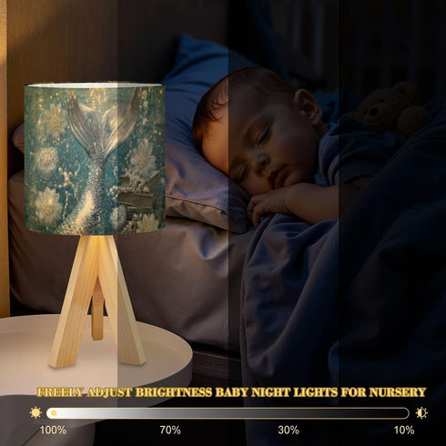 RAINFALLARING Tripod Bedside Table Lamp for Bedroom Silver Mermaid Tail Underwater Scene Pearls Sparkling Stars