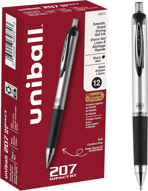 uniball 207 Impact Gel Pen, Retractable, Bold 1 mm, Black Ink, Black Barrel