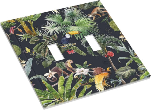 Decorative Palm Trees Double Toggle Light Switch Cover - Floral Tropical Jungle Animals 2 Gang Wall Plate for Home Decor