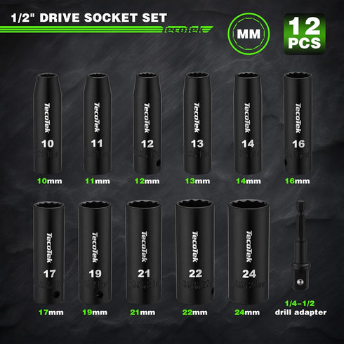 12 1/2-Inch 12-Point Set, 10mm 24mm, 1/2" TecoTek Pieces Drive Deep Metric Impact Socket Cr-V, to Drill Socket Adapter