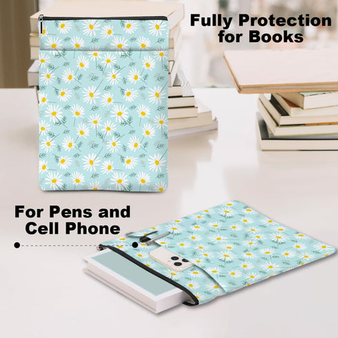 Waterproof Book Sleeve with Zipper and Front Pocket, Daisy Pattern Book Pouch for Women, Girls, Librarians, Book Lovers