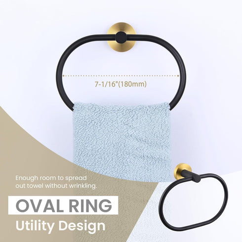 Towel Ring Black & Gold, Suyar Stainless Steel Hand Towel Holder, Oval Shape Towel Rack for Bathroom Wall