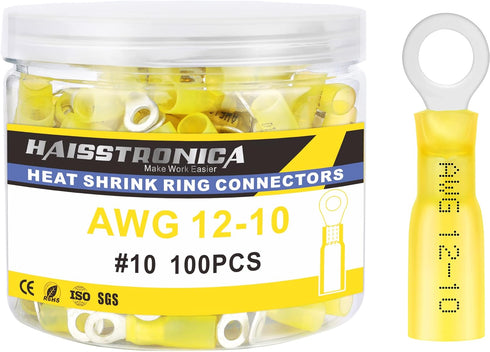 haisstronica 100PCS Heat Shrink Ring Terminals #10, Marine Grade Wire Connectors, Tinned Red Copper, Insulated