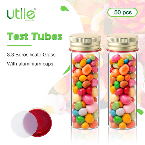 Utile 20pcs Glass Test Tubes, Medium Borosilicate Glass Material, 25ml Test Tubes, with Aluminum Screw caps, 4004.0622.20