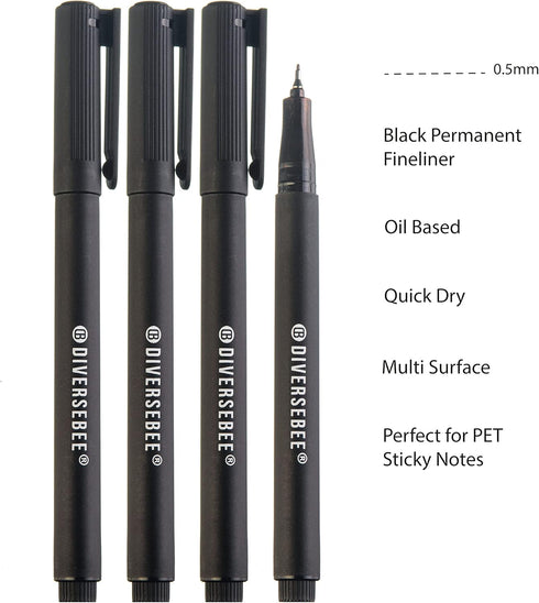 DIVERSEBEE Fine Tip Permanent Pens, 4 Pack Quick Dry Markers, Transparent Sticky Notes Writing Pens, Office School Art Supplies, Black Oil Based Fineliners by DIVERSEBEE
