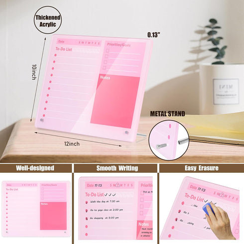 Desktop Thickened Acrylic Dry Erase Board, 12"x10" - Tabletop Planner Board with Stand, Frameless Pink White Board
