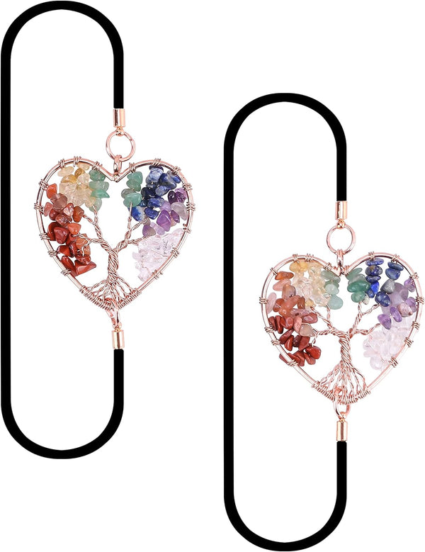 Yoption 2 Pack Tree of Life Elastic Bookmark, Rose Golden Heart Shape Vintage Bookmarks with 7 Chakra Crystals Pendant