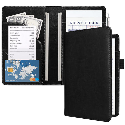 ACdream Server Books for Waitress - Cute Pocket Leather Money Organizer Wallet, Cash Check Bill Receipt Holder, Black