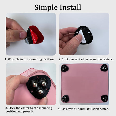 Self Adhesive Mini Caster Wheels, 360°Rotation Swivel Stainless Steel Rollers for Furniture (4 Pack, Black)