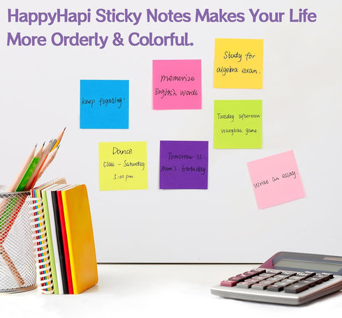 HappyHapi 36-Pads Sticky Notes, 3x3 in, 80 Sheets/Pad, 8 Bright Colors, Bulk Vibrant Sticky Notes, 2880 Sheets Total
