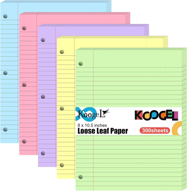 Koogel 300 Sheets Loose Leaf Paper, College Ruled, Colorful Office Filler Paper for 3-Ring Binders