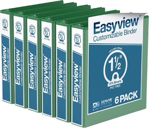 EasyView Premium 1.5-Inch Binders, 3-Ring Colored Binder Notebooks with Clear-View Covers, Pack of 6, Green