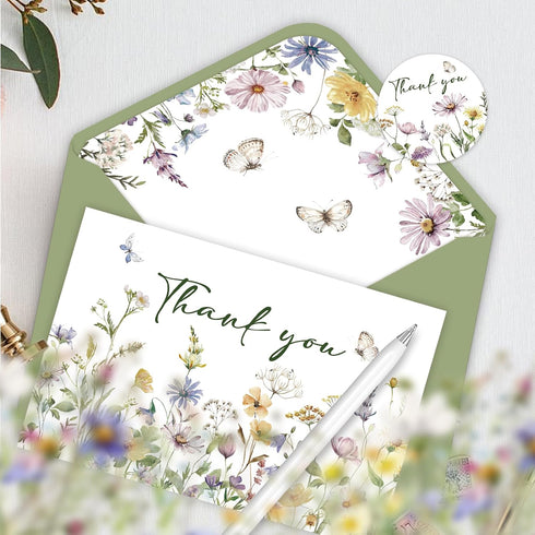 SMUAENSS 48 Pack Floral Thank You Cards With Envelopes,Watercolor Wildflower Thank You Cards for Baby Shower Weddings