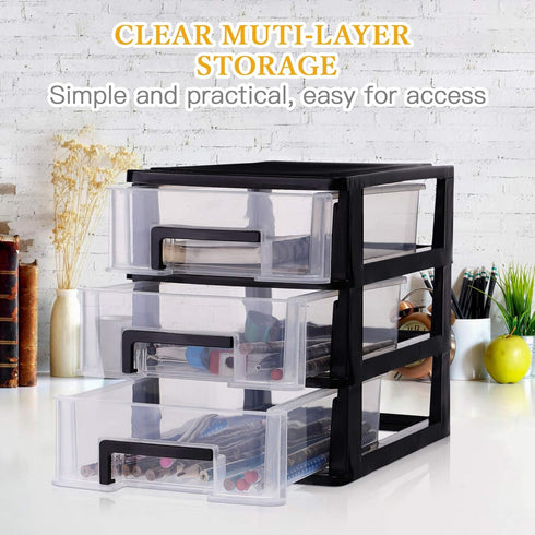 SEWACC 3-Layer Plastic Drawer Organizer, Small Desktop Organizer with Transparent Drawers for Office Supplies