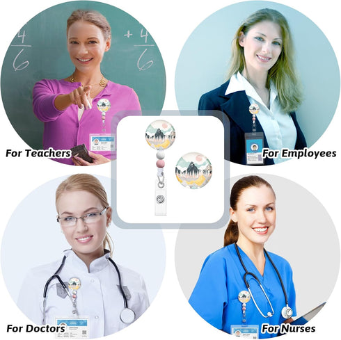 Retractable Badge Reels with Beads: Sunrise Landscape ID Holders for Nurses, Teachers, and Office Workers