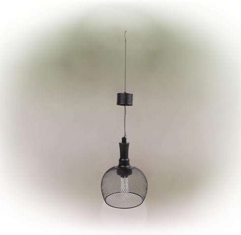 Alpine Corporation 10" Tall Hanging Solar Powered Outdoor Mesh Lantern with LED Lights, Black