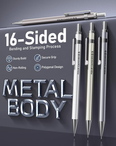 Four Candies 0.5mm Mechanical Pencil Set with Case, 4PCS Metal Pencils and Lead Refills