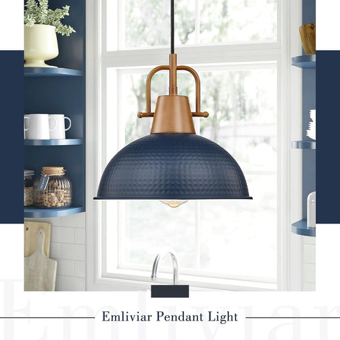 Emliviar Hammered GE269MIL Dome Pendant Light, Wood Adjustable Hanging Lamp with Metal Shade, Blue Finish, BL+WD