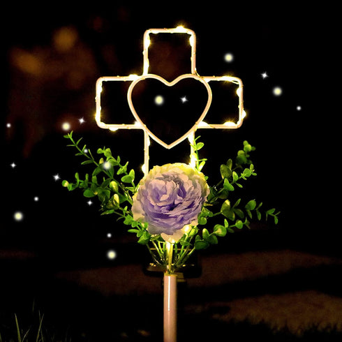 16 Inch Solar Cross Garden Stake Lights with 1 Artificial Flower, Metal Garden Art for Patio Lawn Decor