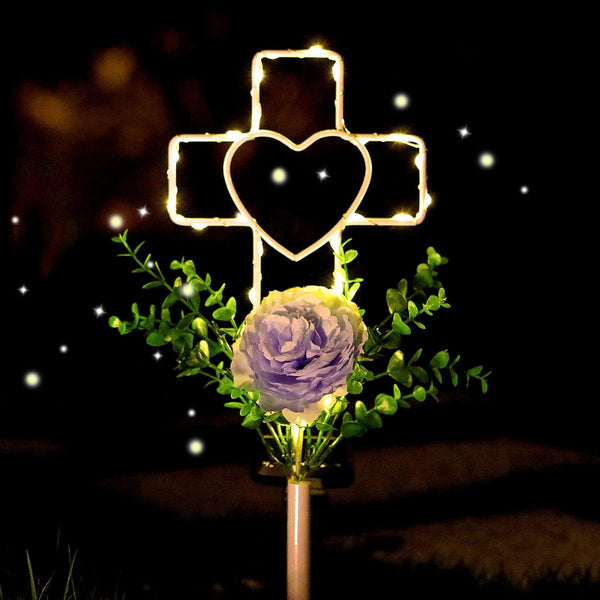 16 Inch Solar Cross Garden Stake Lights with 1 Artificial Flower, Metal Garden Art for Patio Lawn Decor