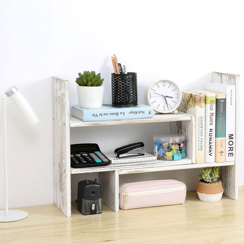 MyGift Adjustable Whitewashed Solid Wood Desktop Storage Organizer, Display Shelf Book Rack for Office Desk