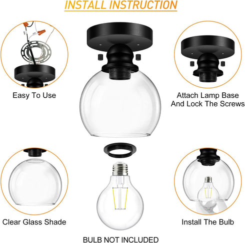 5.91 Inch Closet (E26 Bulb) Industrial Semi Flush Mount Ceiling Light, Clear Glass Ceiling Lamp Shade, Matte Black