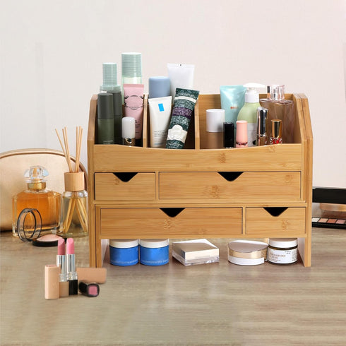 Lawei Bamboo Desk Organizer with Adjustable File Holder, Mini Desk Drawer Tabletop Organization Box with 4 Drawers for