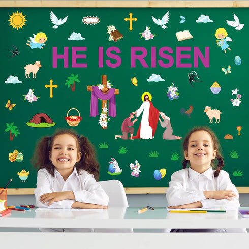 Easter Jesus He is Risen Bulletin Board Decorations, Religious Jesus Resurrection Cross Cutouts for Sunday School Spring