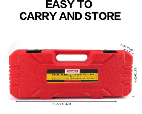 TONYNOL 1/2 Inch Set, 6-Point, SAE(1/2 1-3/8"to1-3/4"), 7 Set, Drive Deep Impact Socket Drive PCS, Cr-Mo, Heavy Duty