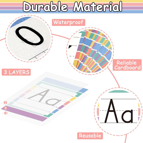 Qyeahkj 37 PCS Pastel Colors Stripes Classroom Alphabet Number Educational Poster Cards, Learning Cards Decorations Colorful Boho Bulletin Board Letter for Teacher Kindergarten School Home Wall Decor