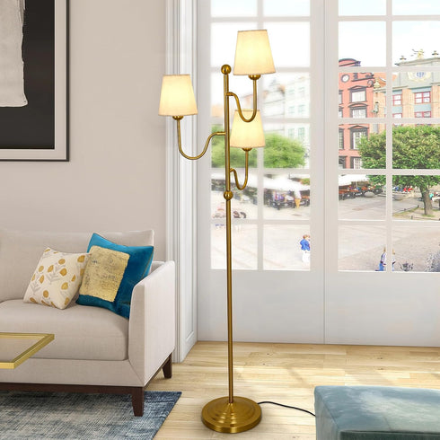 Dimmable 3 YYJLX Modern Floor Lamp with Switch Light Tree Standing Tall Lamp with Linen Drum Shade Mid Century Gold