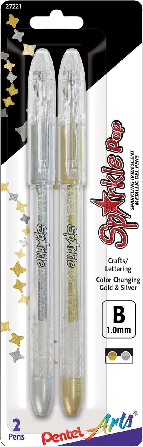 Pentel Arts Sparkle Pop Metallic Gel Pen, 1.0mm Bold Line, Gold & Silver Ink, 2 Count