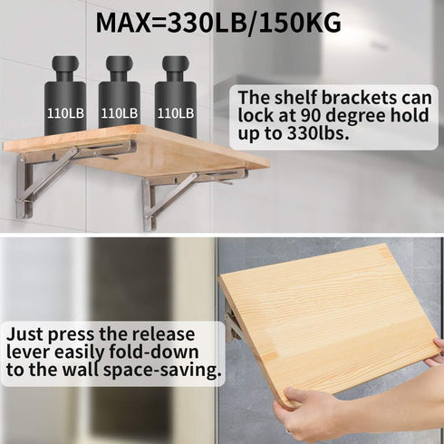 14",Heavy 330lbs Pack 2 YUMORE Folding Shelf Bracket Duty Stainless Steel Collapsible Shelf-Bracket Max Load Wall