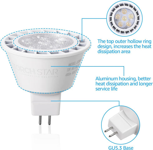 TORCHSTAR MR16 LED Bulb Dimmable, 7W 12V 490LM 50W Equivalent, 5000K Daylight, GU5.3 Bi-Pin Base MR16 LED Spotlight, LED MR16 Light Bulbs for Recessed and Track Lighting, UL & ES Listed, Pack of 6 by TORCHSTAR