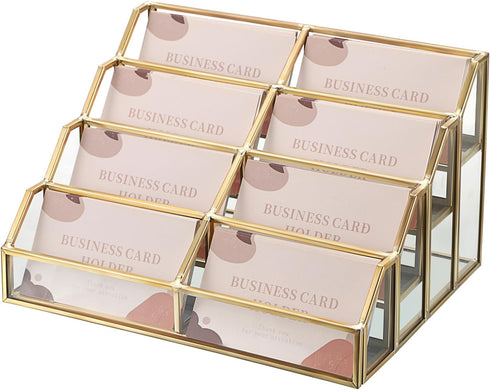 Hipiwe 8 Mirrored Glass Business Card Holder Gold Business Card Display Stand for Desk Multiple Clear Business Card