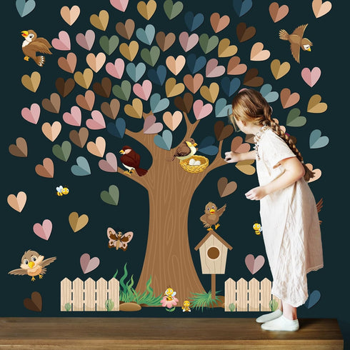 Boho Classroom Tree Bulletin Board Set with 3D Heart Shape Cutouts for School Teacher Wall Decor